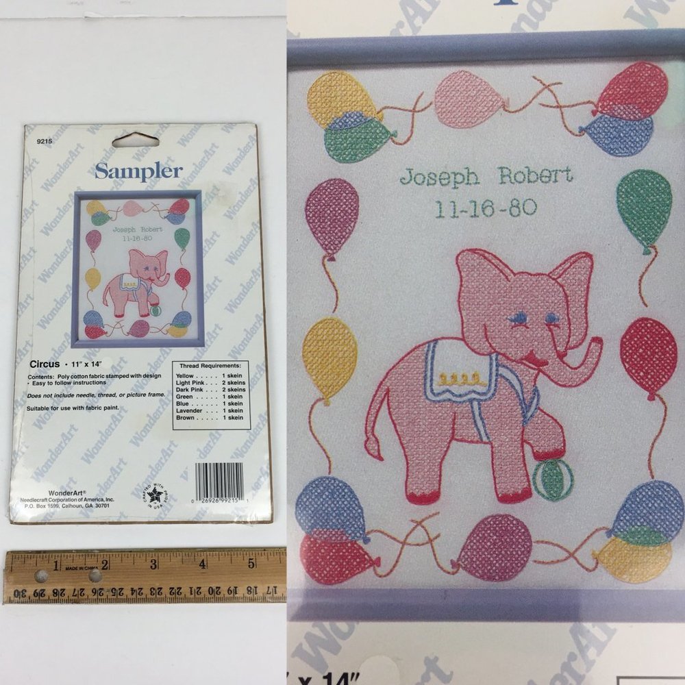 Vtg Circus Elephant Balloon Wonderart Needlecraft Needlepoint Nursery Cloth Only